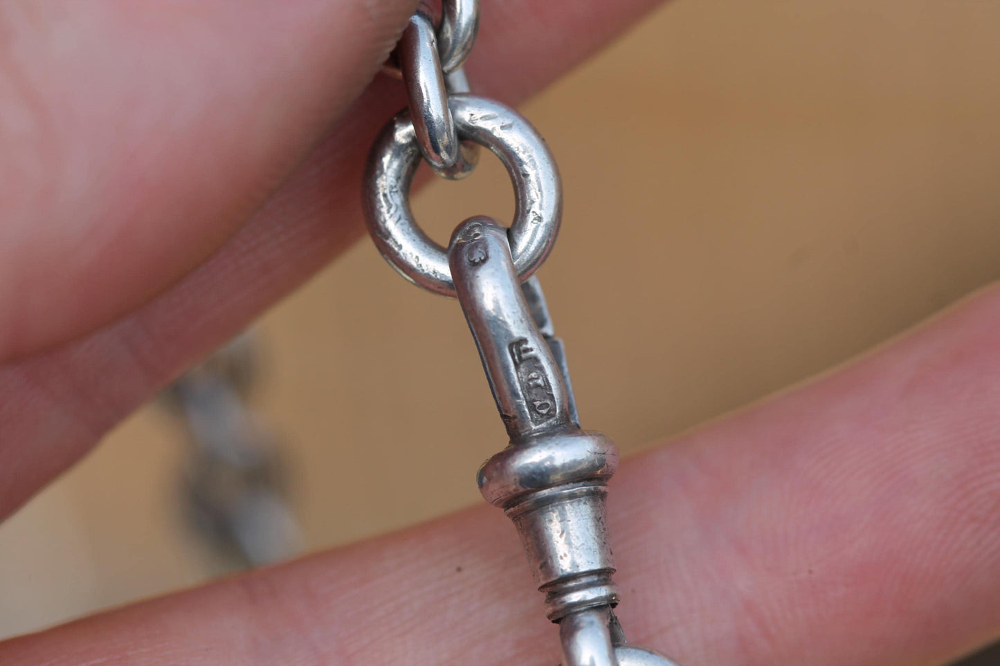 Antique-Sterling-Silver-Albert-Watch-Chain-Necklace-|-Trombone-Link-|-1898
