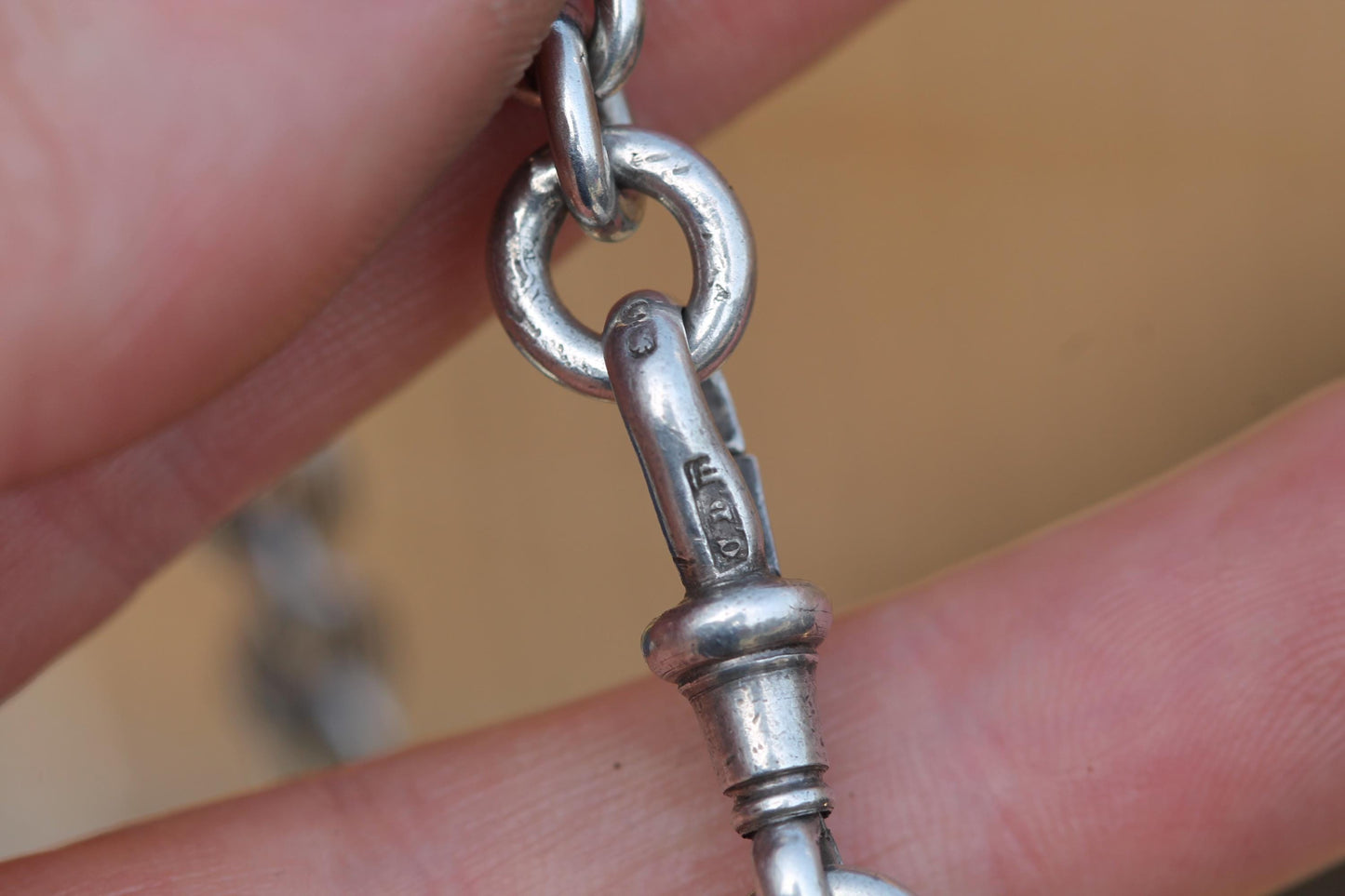 Antique-Sterling-Silver-Albert-Watch-Chain-Necklace-|-Trombone-Link-|-1898