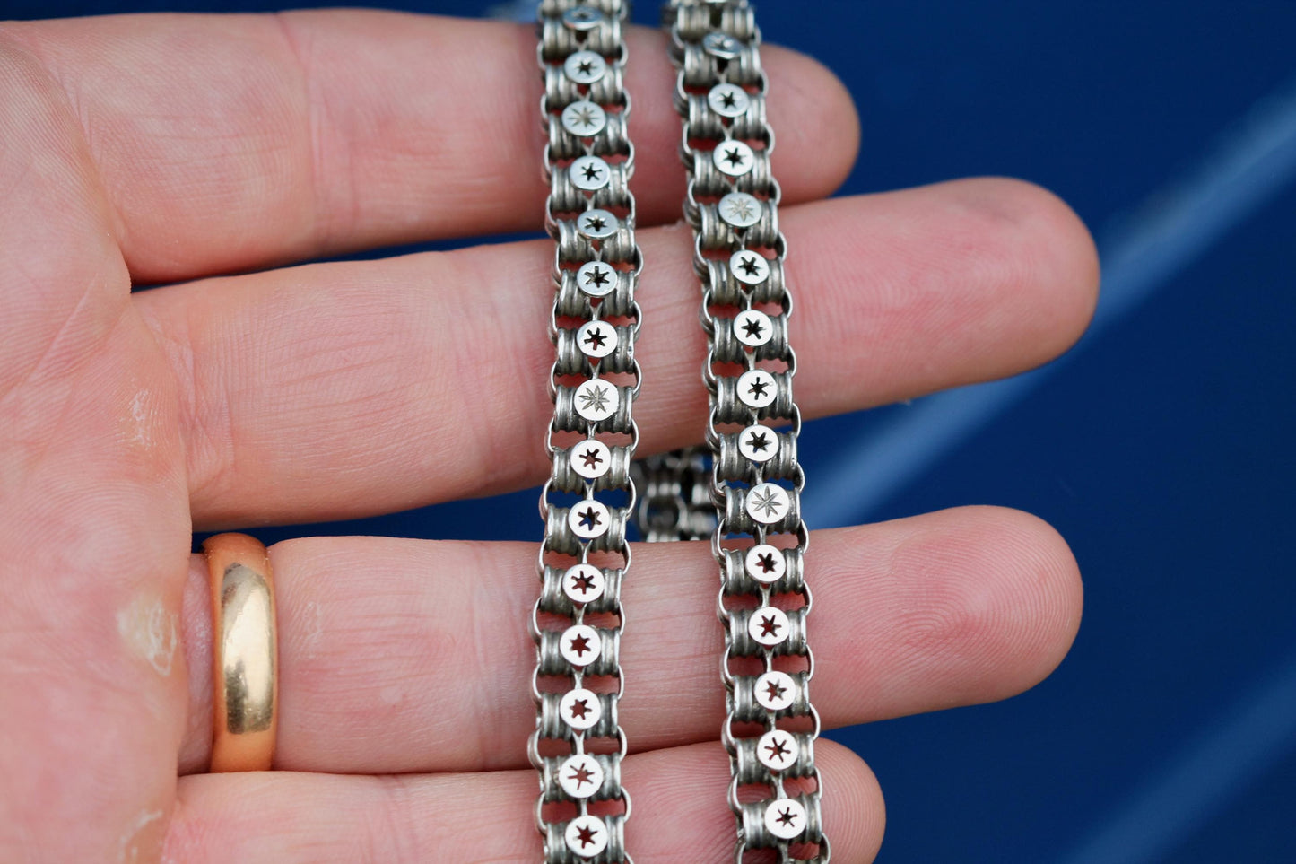 Antique-Victorian-Sterling-Silver-Necklace-|-Pierced-Star-Links-|-c.1880