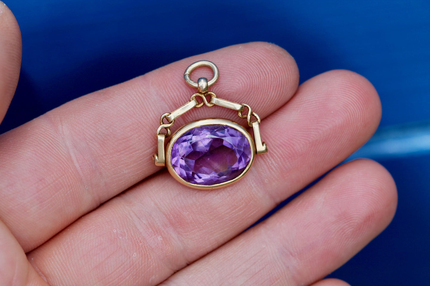 Antique-15ct-Gold-Amethyst-Spinner-Pendant-|-Faceted-5.5ct-|-Edwardian