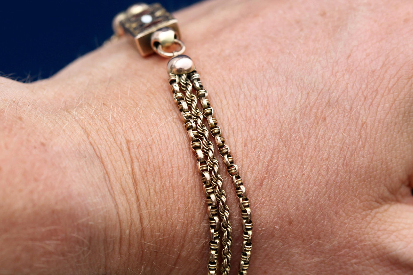 Antique-9ct-Rose-Gold-Albertina-Bracelet-|-Multi-Link-Bracelet-|-Enamel-Panel-Albertina-|-9"