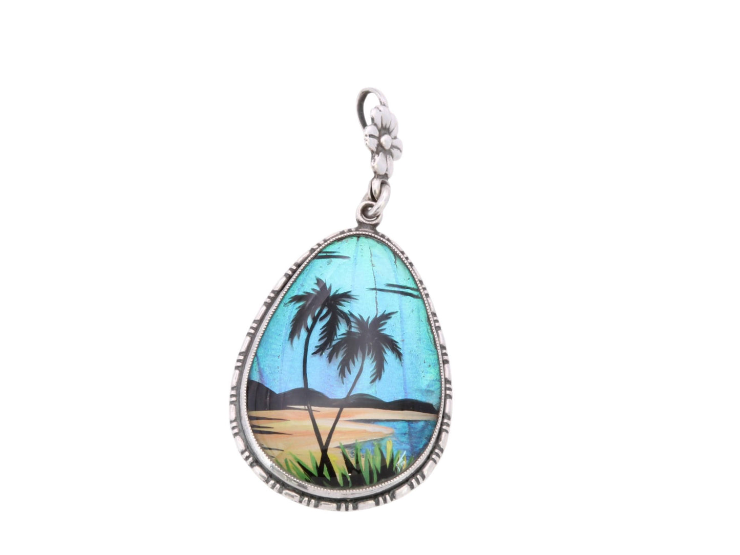 Art-Deco-Thomas-L-Mott-Butterfly-Wing-Pendant-|-Sterling-Silver-Tropical-Scene-Pendant