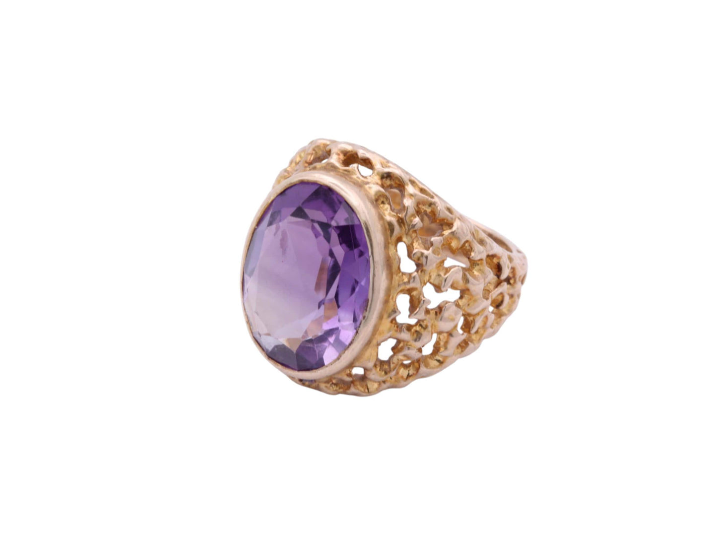 Vintage-9ct-Gold-Amethyst-Ring-|-Pierced-Chased-Shoulders-|-7ct