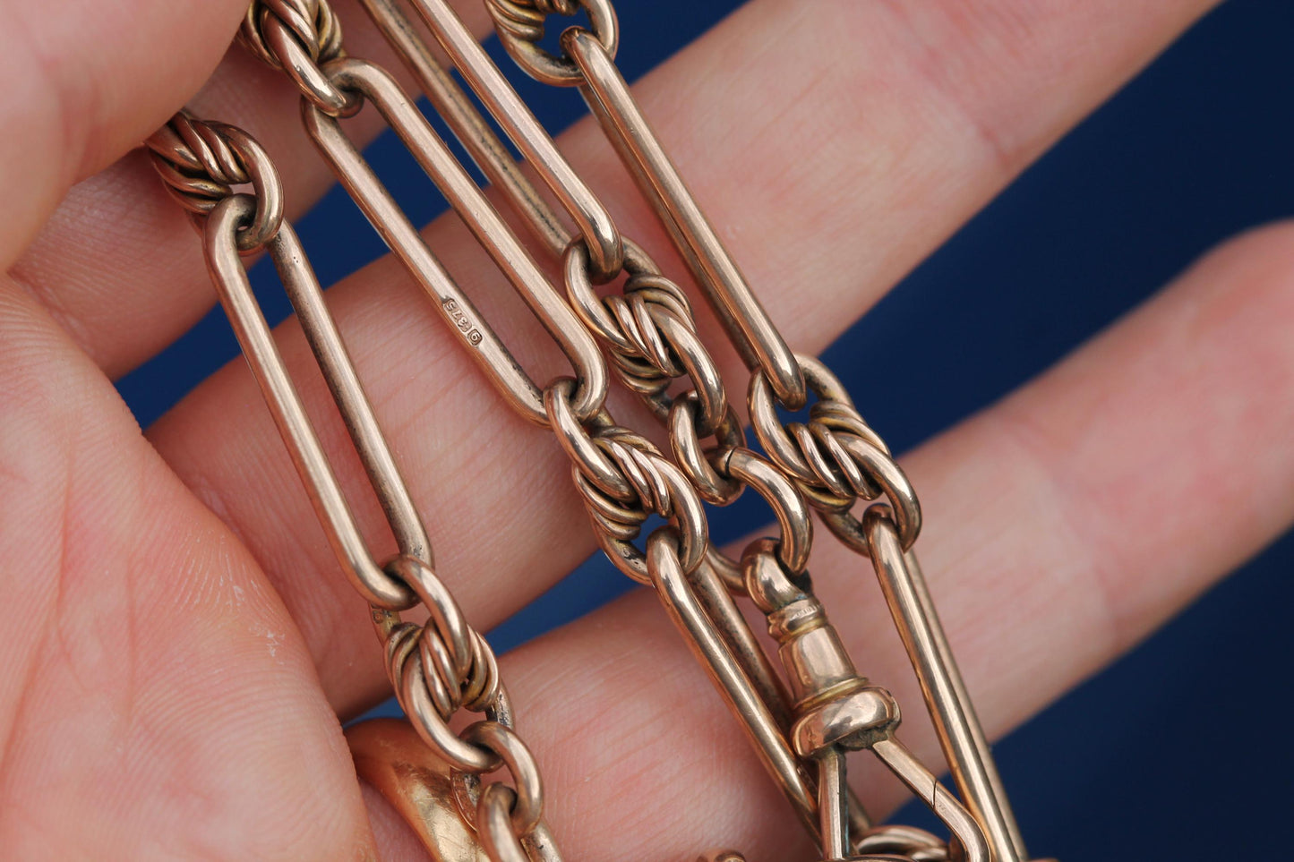 Antique-9ct-Rose-Gold-Trombone-&-Lover's-Knot-Albert-Chain-|-44g-|-15.5"