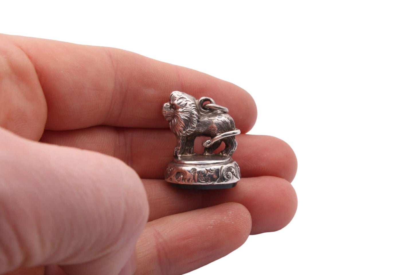 Antique Sterling Silver & Bloodstone Lion Seal Pendant