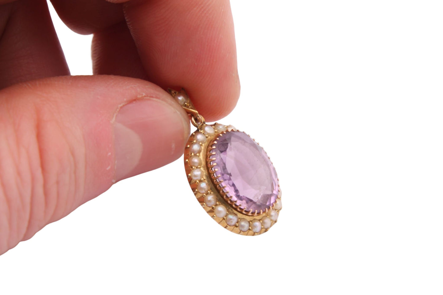 Antique 15ct Gold Amethyst & Seed Pearl Cluster Pendant