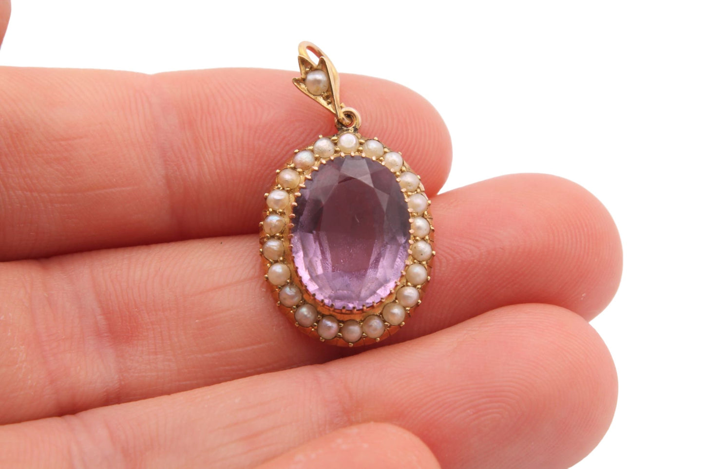 Antique 15ct Gold Amethyst & Seed Pearl Cluster Pendant