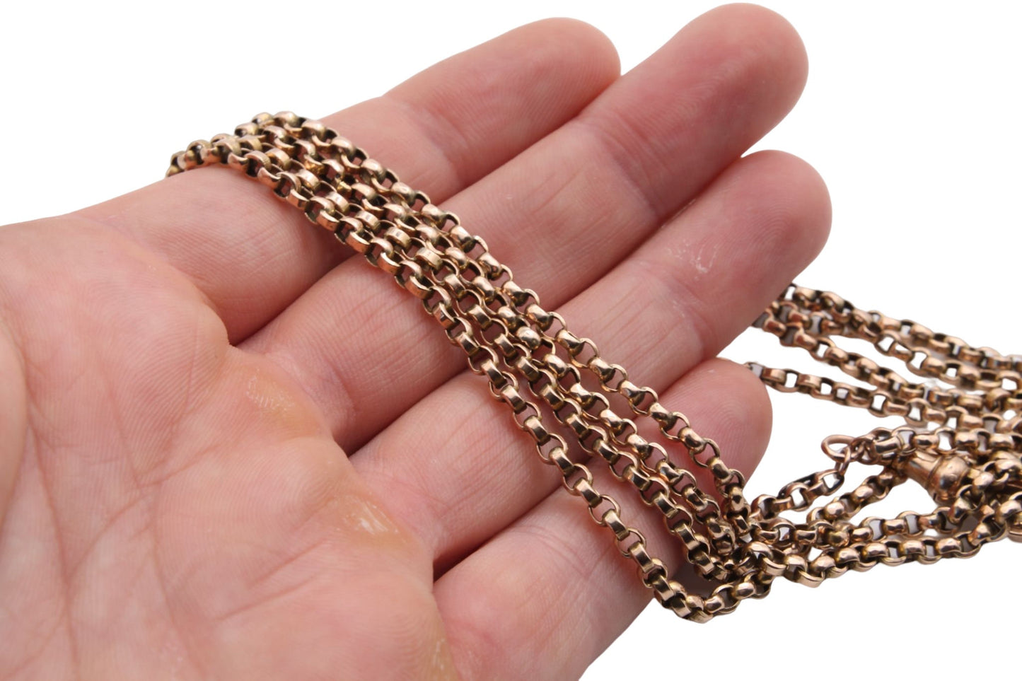 Antique 9ct Rose Gold Long Guard Belcher Necklace 66" - 32g