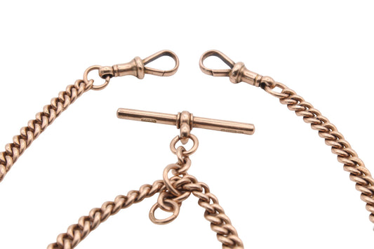 Antique 9ct Rose Gold Double Albert T-Bar Necklace Chain, 31.2g