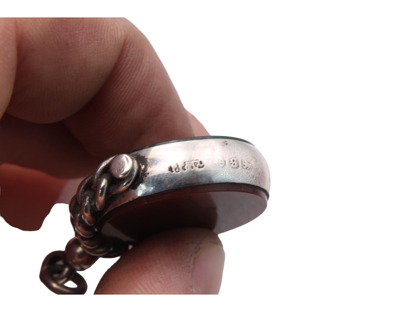 Antique Sterling Silver Bloodstone & Carnelian Spinner Pendant, 1889
