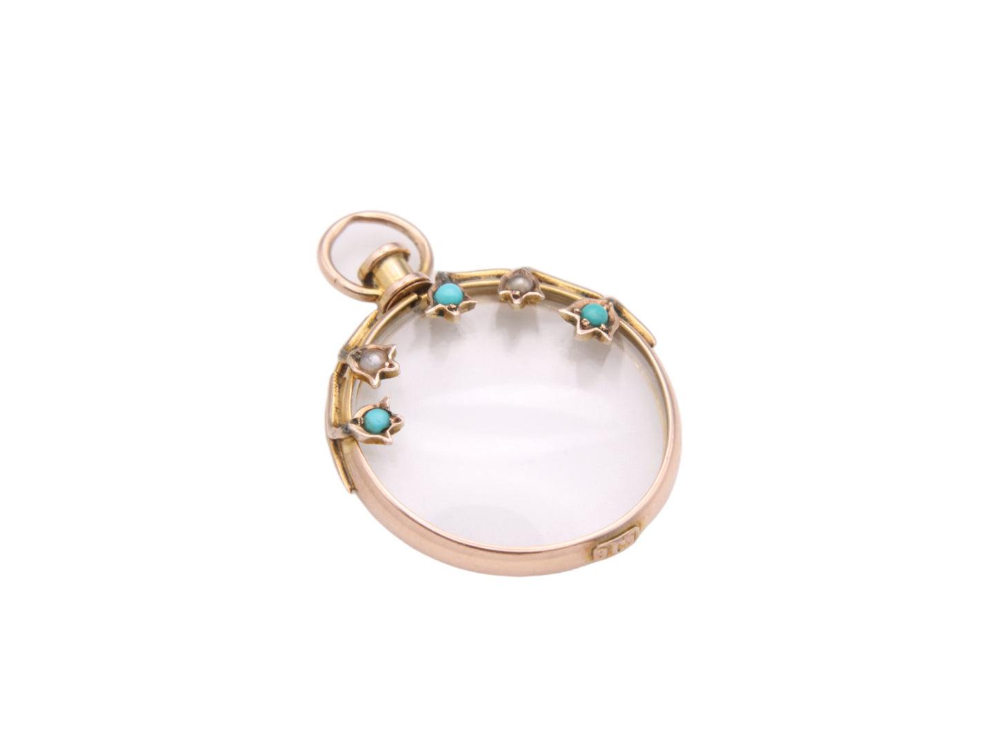antique-9ct-gold-ivy-pearl-turquoise-glass-locket-pendant