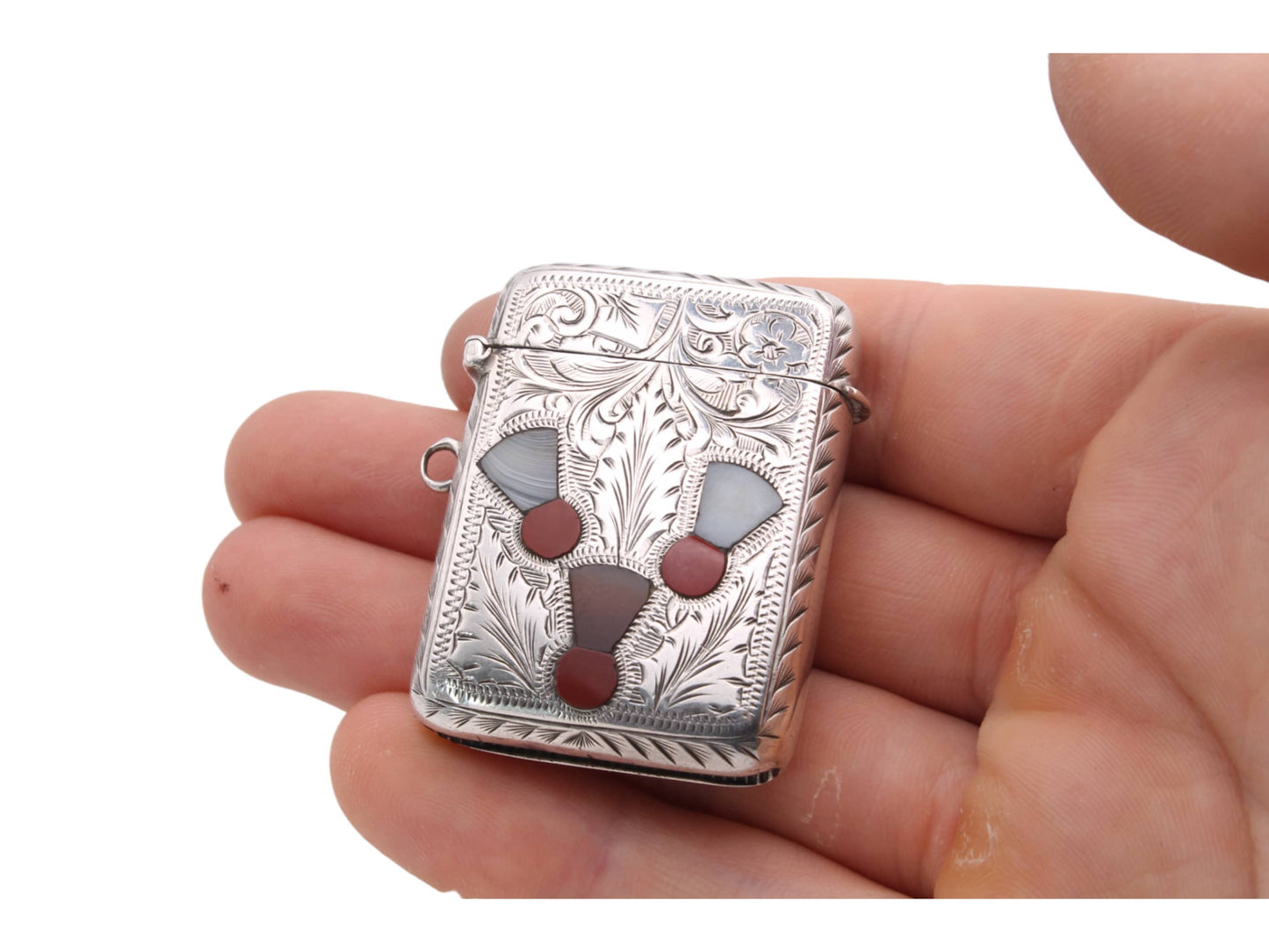 Victorian Silver Vesta Case With Inlaid Agate, 1901