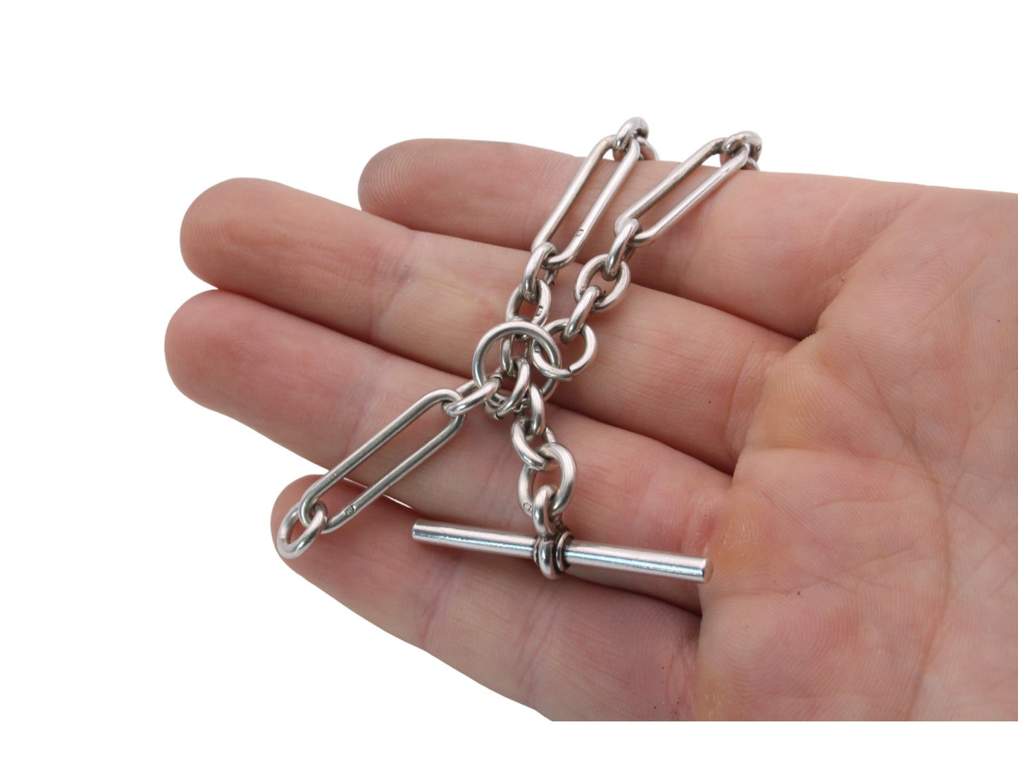 Antique Silver Trombone Link Double Albert Watch Chain, 14.25"