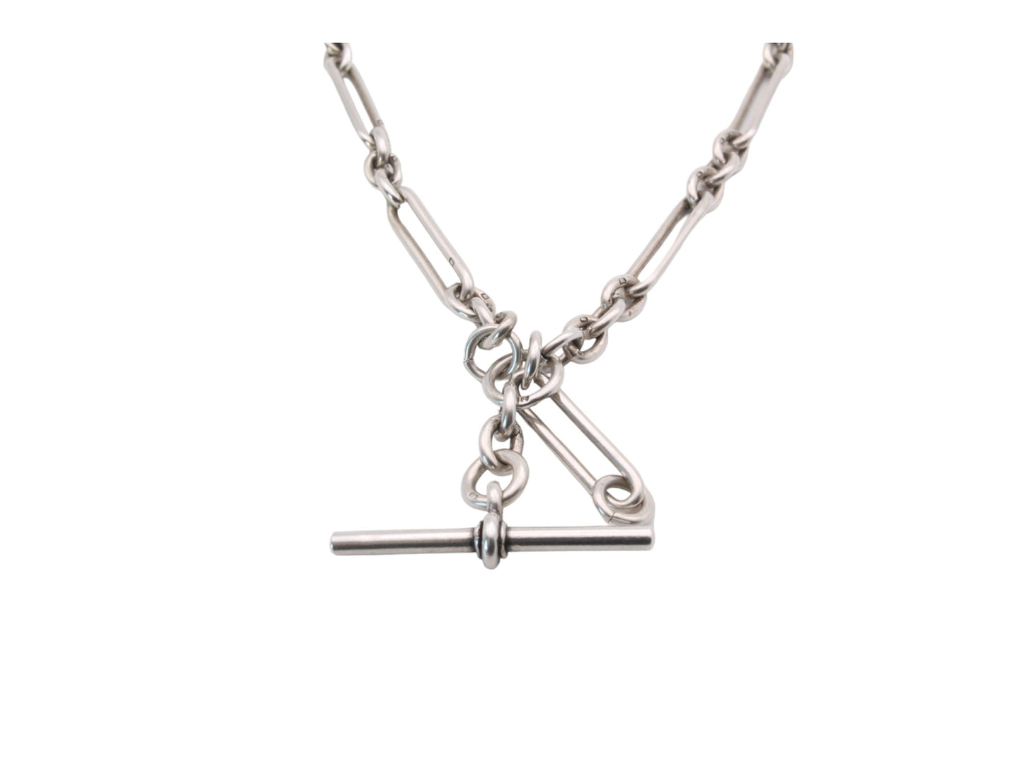 Antique Silver Trombone Link Double Albert Watch Chain, 14.25"