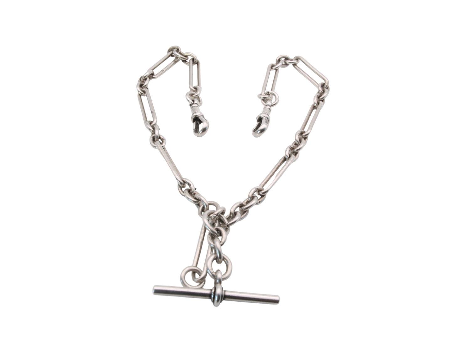 Antique-Silver-Trombone-Link-Double-Albert-Watch-Chain,-14.25"