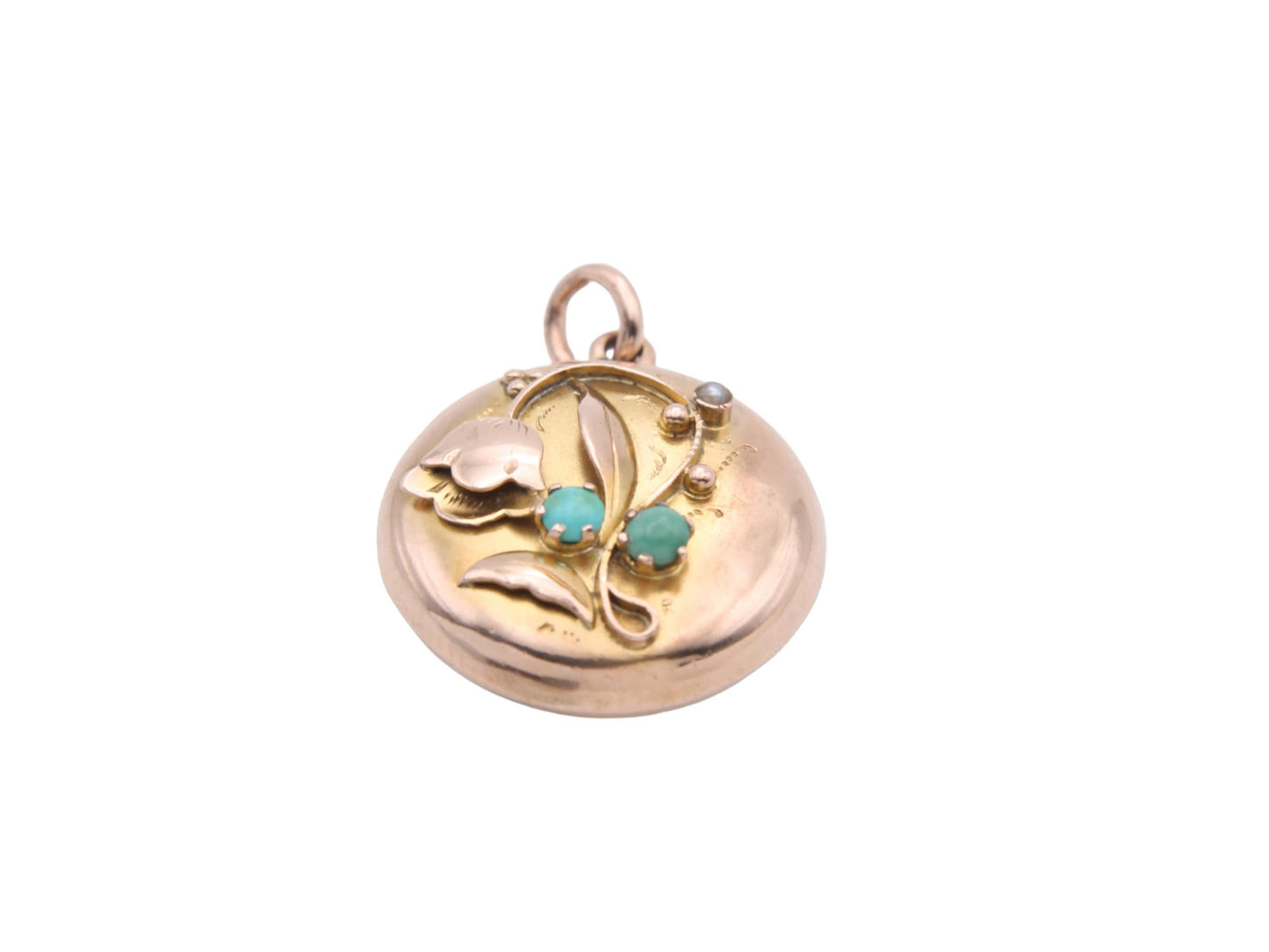 Antique 9ct Gold Turquoise Lily Of The Valley Flower Locket Pendant