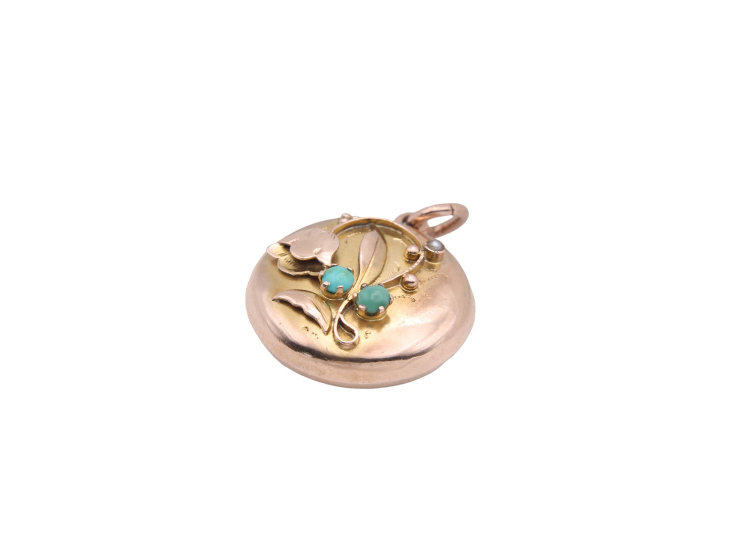Antique 9ct Gold Turquoise Lily Of The Valley Flower Locket Pendant