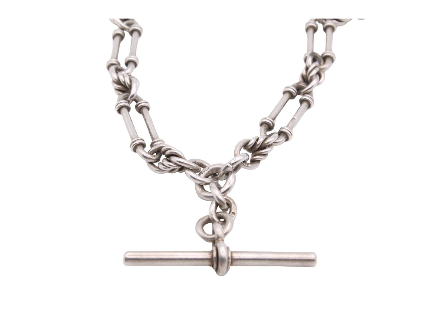 Antique Sterling Silver Trombone Lovers Knot Link Albert Watch Chain, 17"