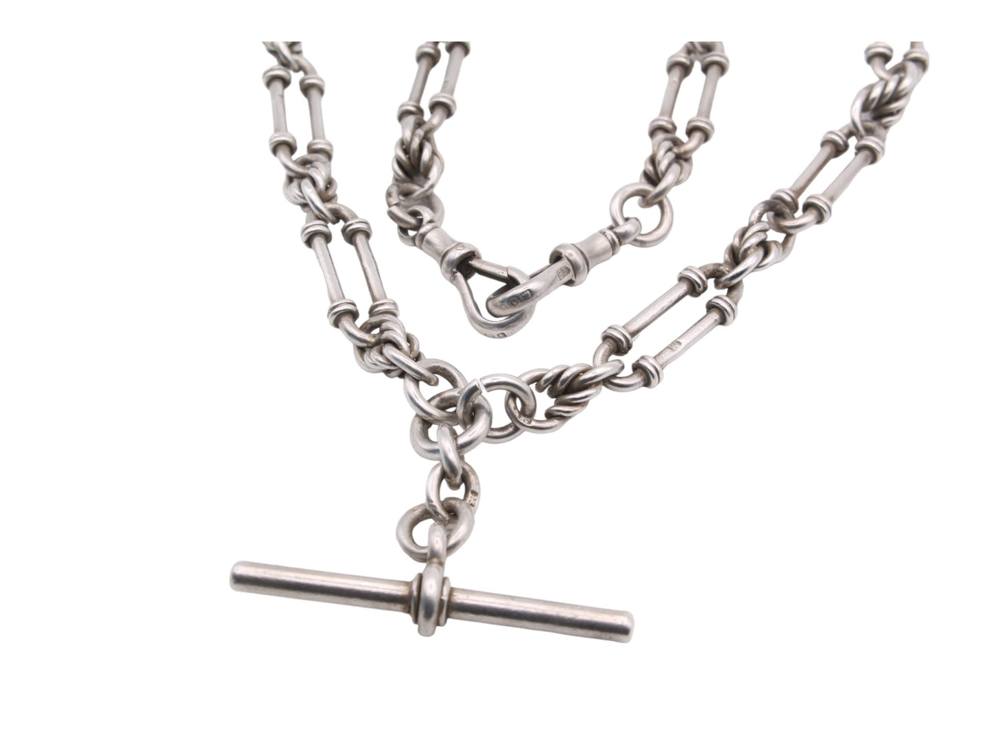 Antique-Sterling-Silver-Trombone-Lovers-Knot-Link-Albert-Watch-Chain,-17"