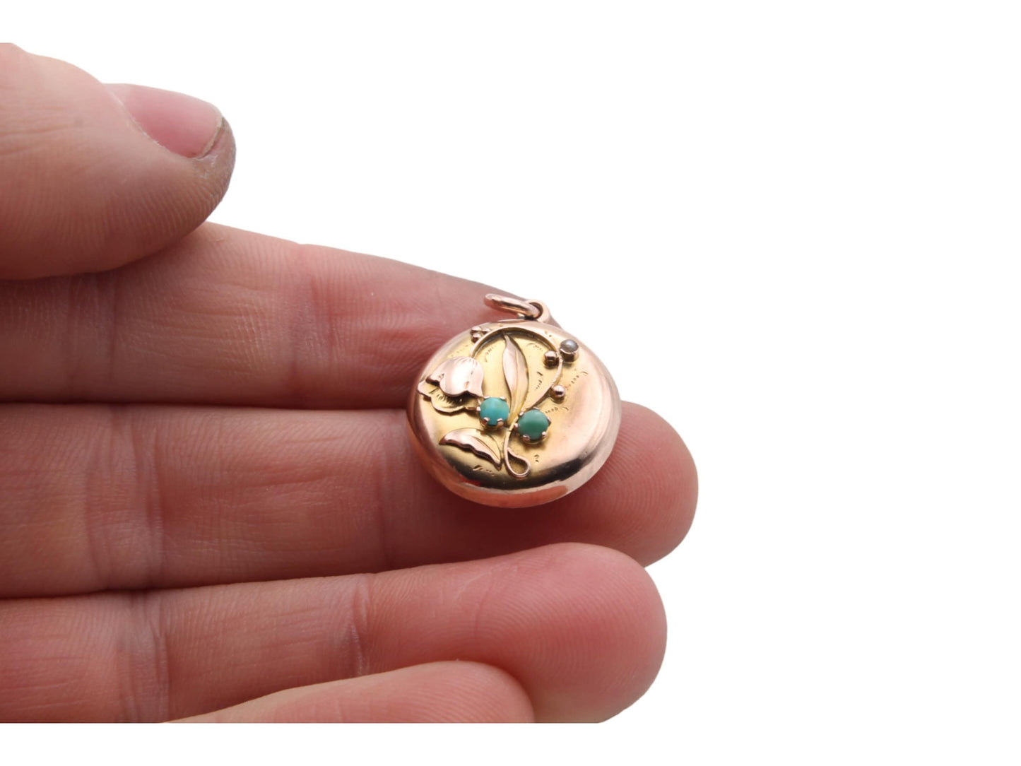 Antique 9ct Gold Turquoise Lily Of The Valley Flower Locket Pendant