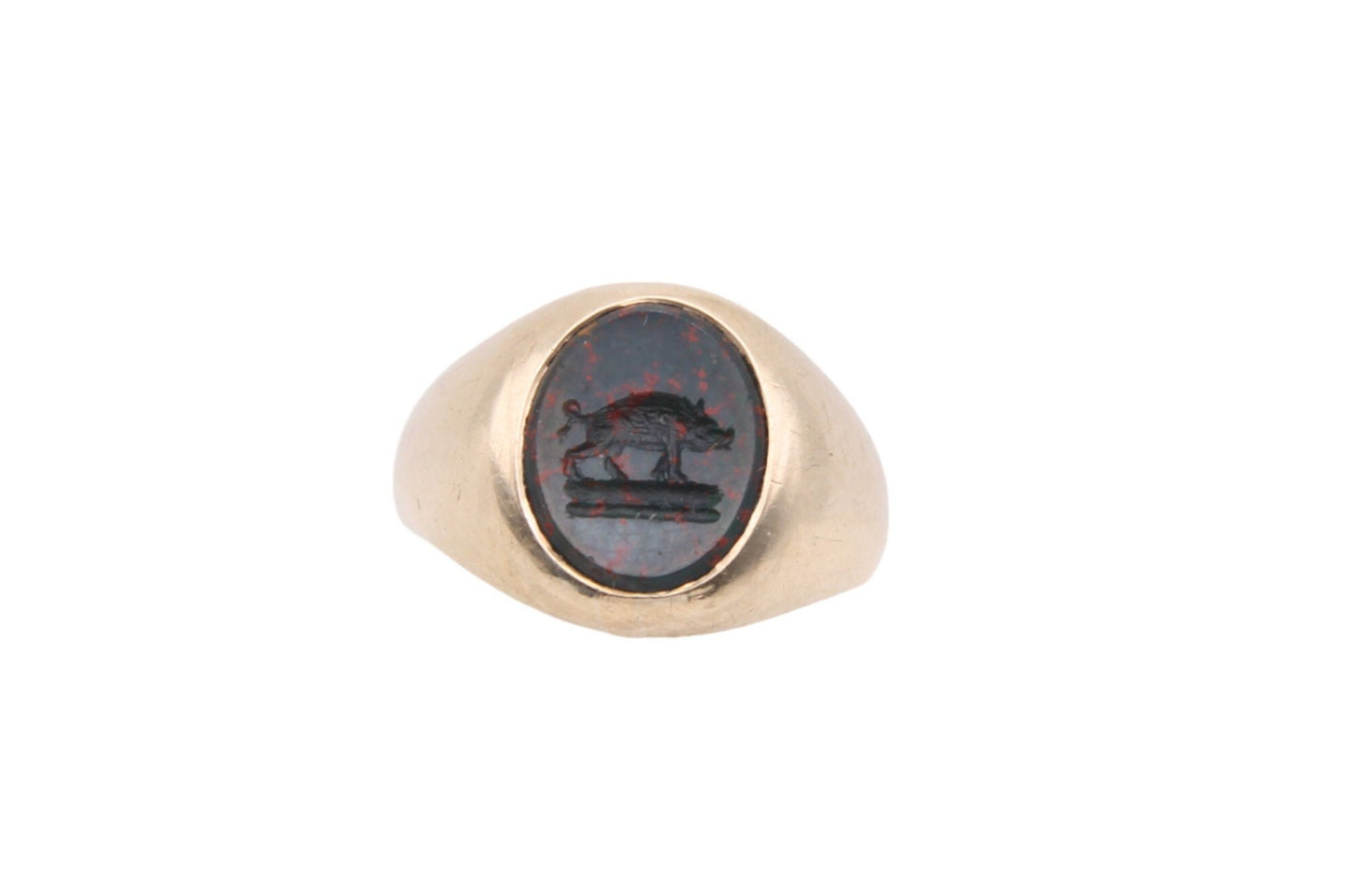 Antique 10ct Gold Bloodstone Intaglio Signet Ring Boar Crest