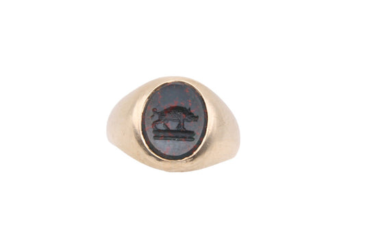 Antique 10ct Gold Bloodstone Intaglio Signet Ring Boar Crest