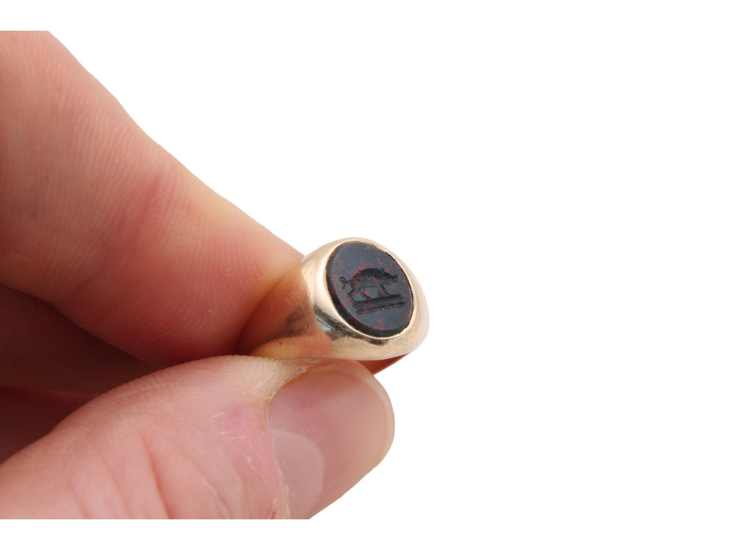 Antique 10ct Gold Bloodstone Intaglio Signet Ring Boar Crest