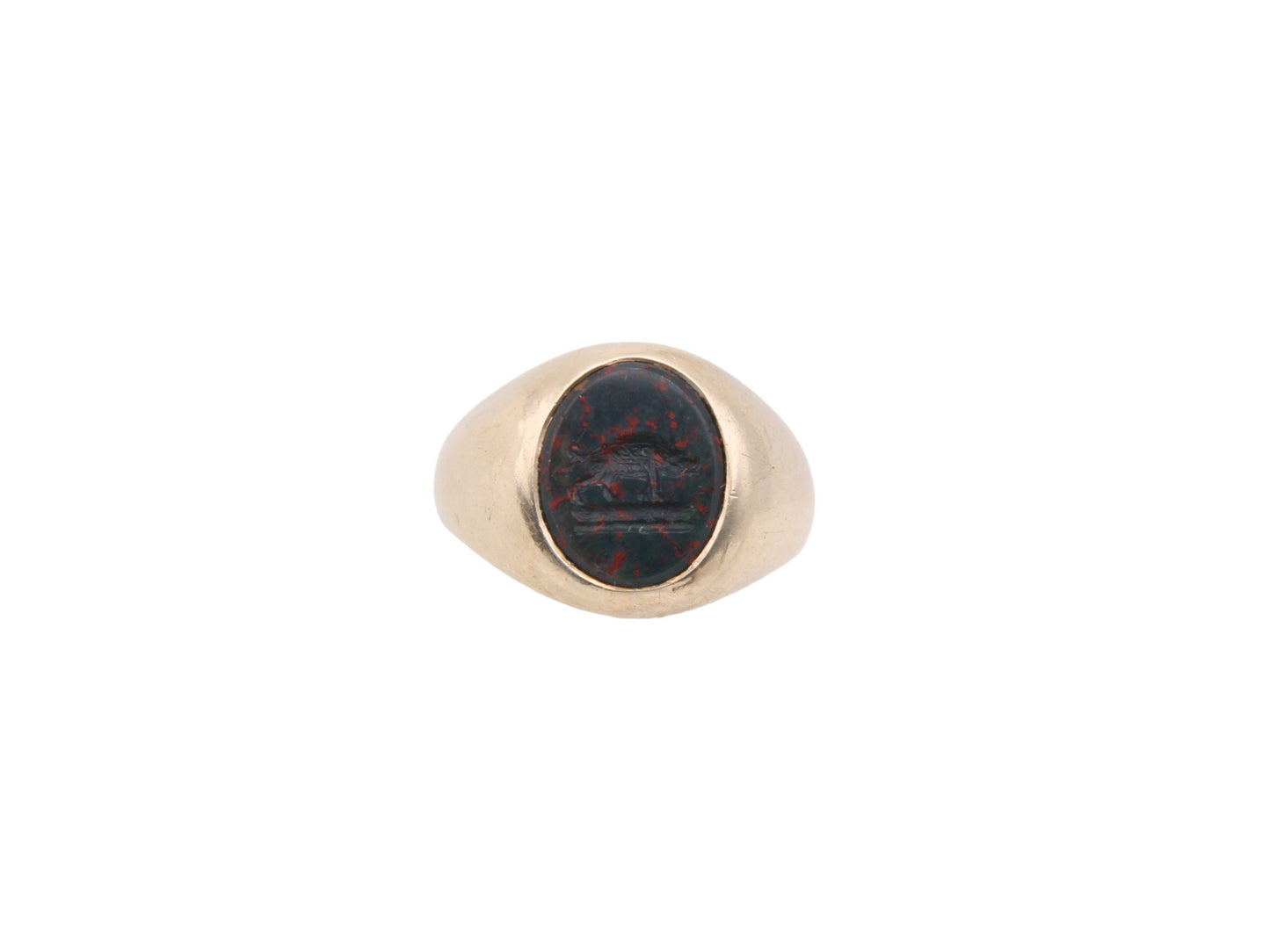 Antique-10ct-Gold-Bloodstone-Intaglio-Signet-Ring-Boar-Crest