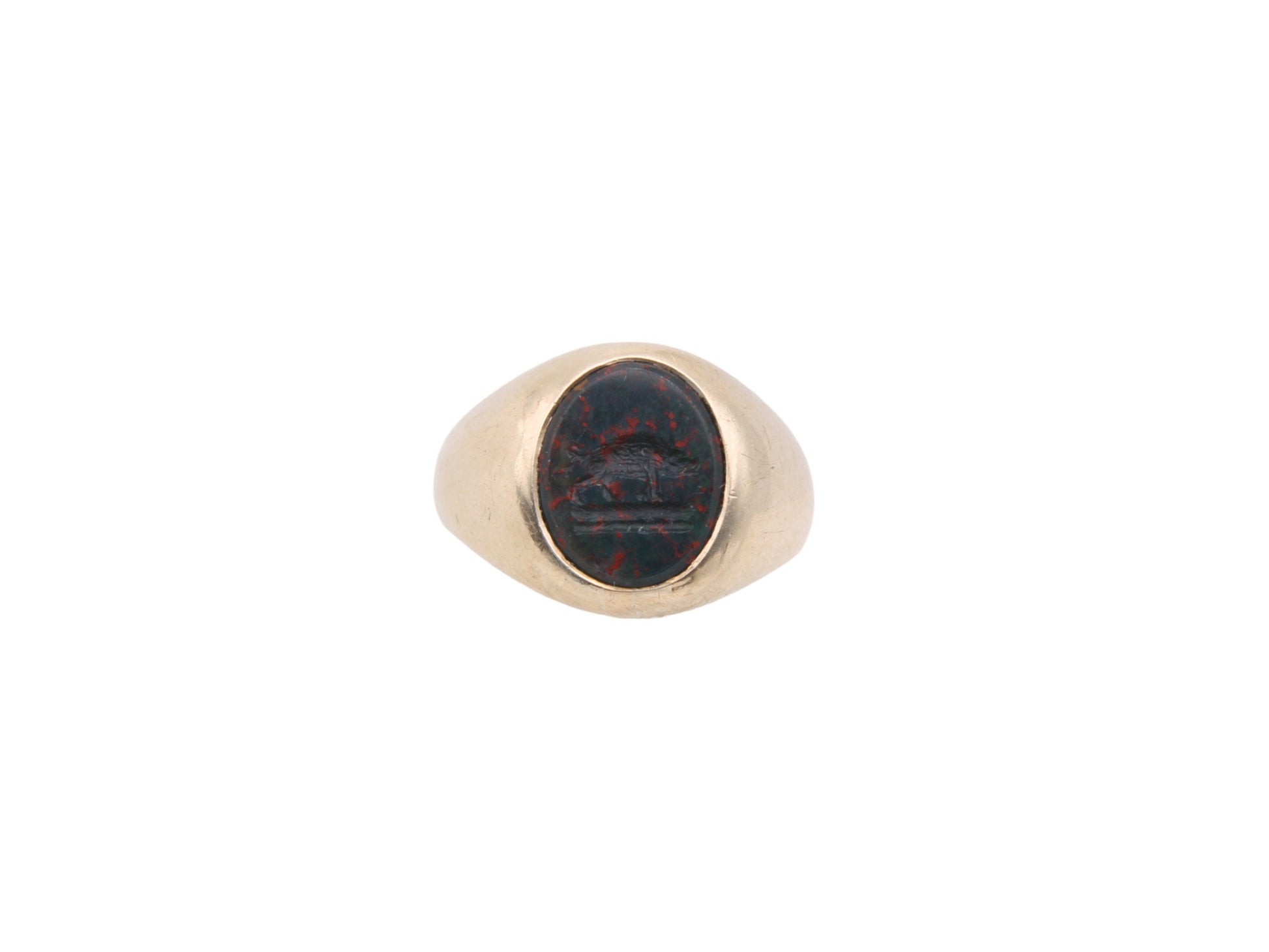 Antique-10ct-Gold-Bloodstone-Intaglio-Signet-Ring-Boar-Crest