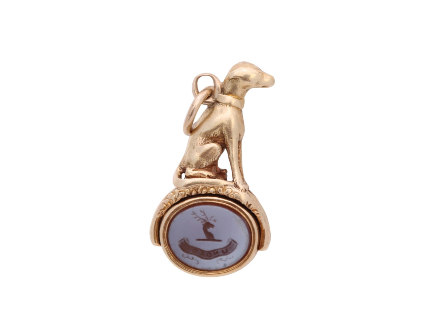 Antique 15ct gold Greyhound spinner fob with sardonyx stag engraving
