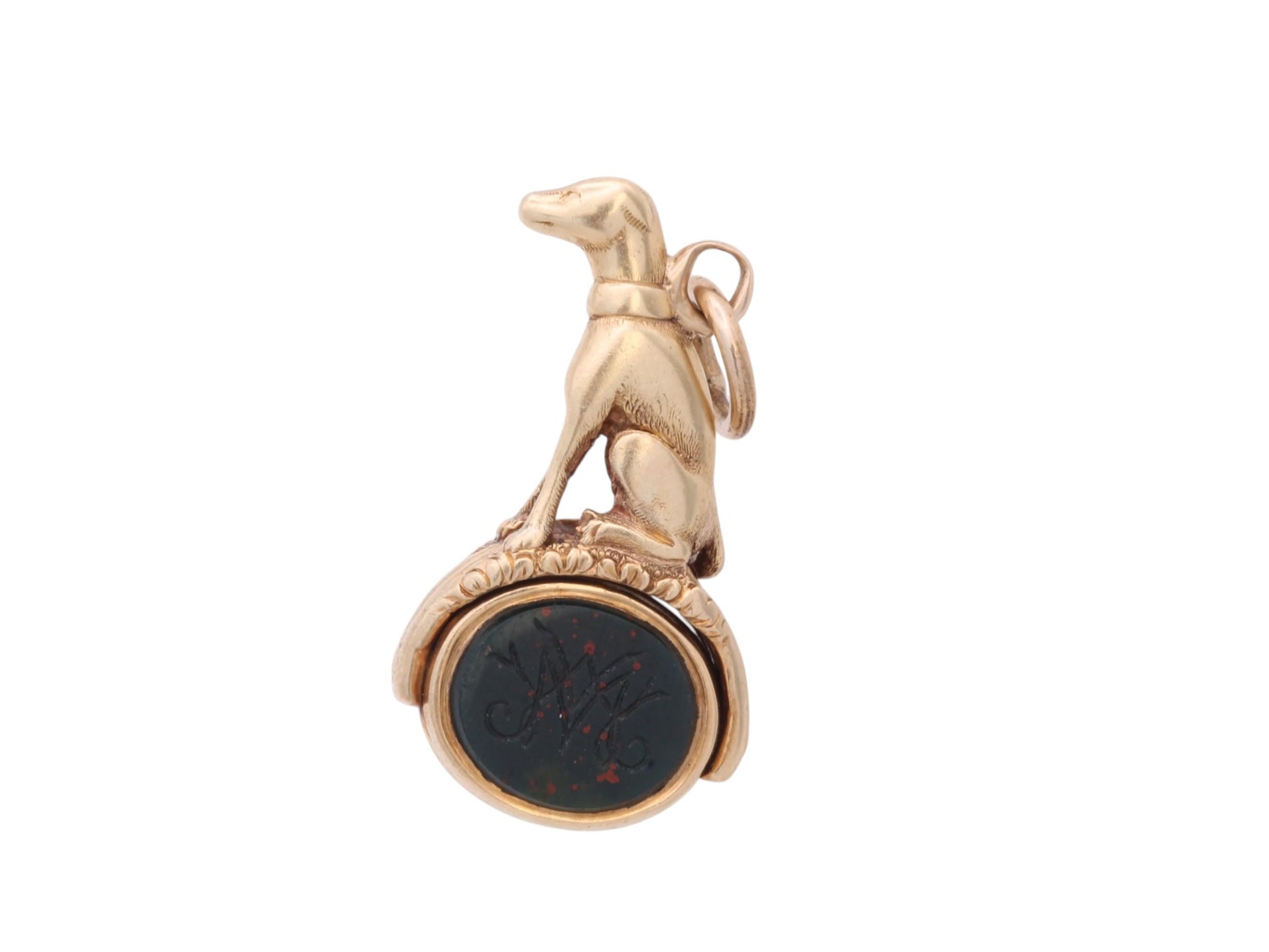 Victorian 15ct gold Greyhound fob with rotating bloodstone seal