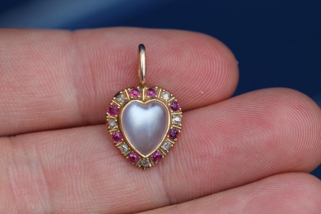 Antique 15ct Gold Moonstone Ruby & Diamond Heart Pendant | Victorian — view 3