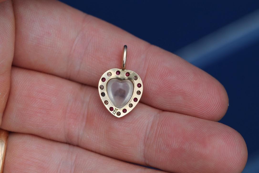 Antique 15ct Gold Moonstone Ruby & Diamond Heart Pendant | Victorian — view 4