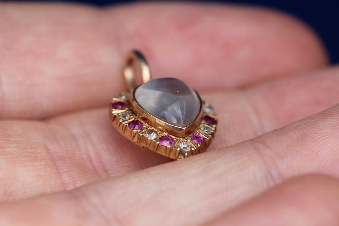 Antique 15ct Gold Moonstone Ruby & Diamond Heart Pendant | Victorian — view 5