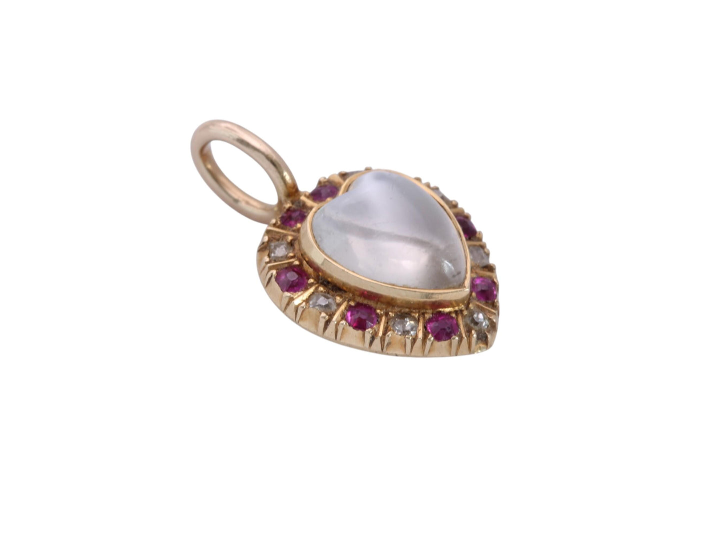 Antique 15ct Gold Moonstone Ruby & Diamond Heart Pendant | Victorian — view 6