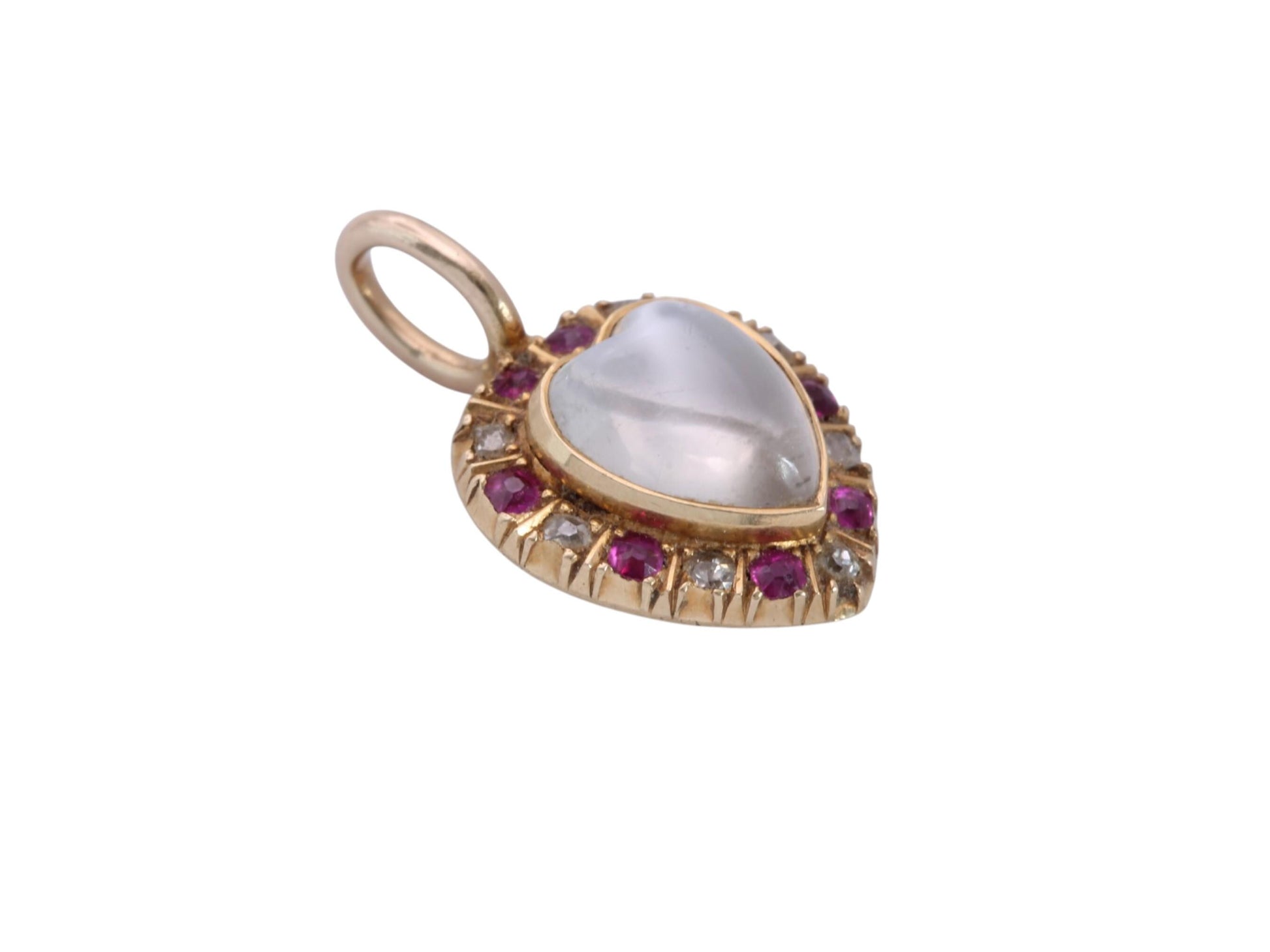 Antique 15ct Gold Moonstone Ruby & Diamond Heart Pendant | Victorian — view 6