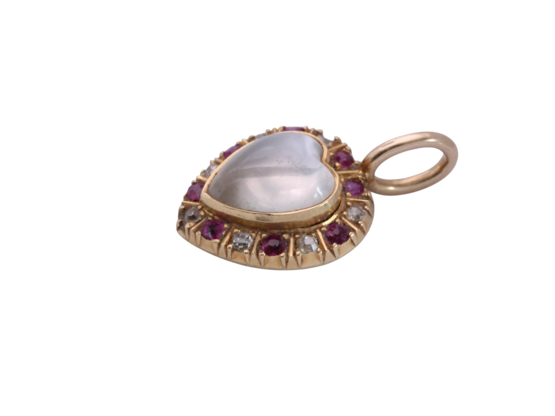 Antique 15ct Gold Moonstone Ruby & Diamond Heart Pendant | Victorian — view 7