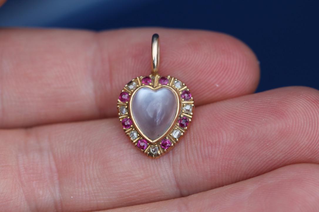 Antique 15ct Gold Moonstone Ruby & Diamond Heart Pendant | Victorian — view 8