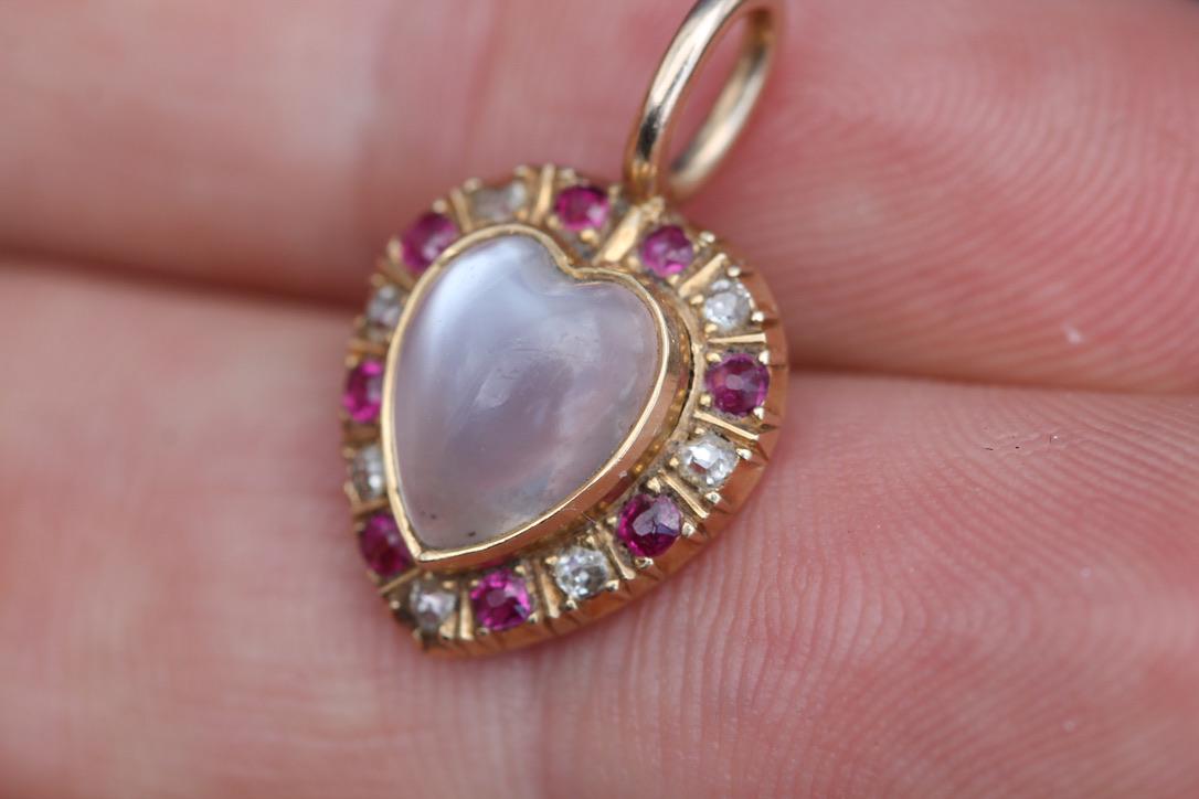 Antique 15ct Gold Moonstone Ruby & Diamond Heart Pendant | Victorian — view 9