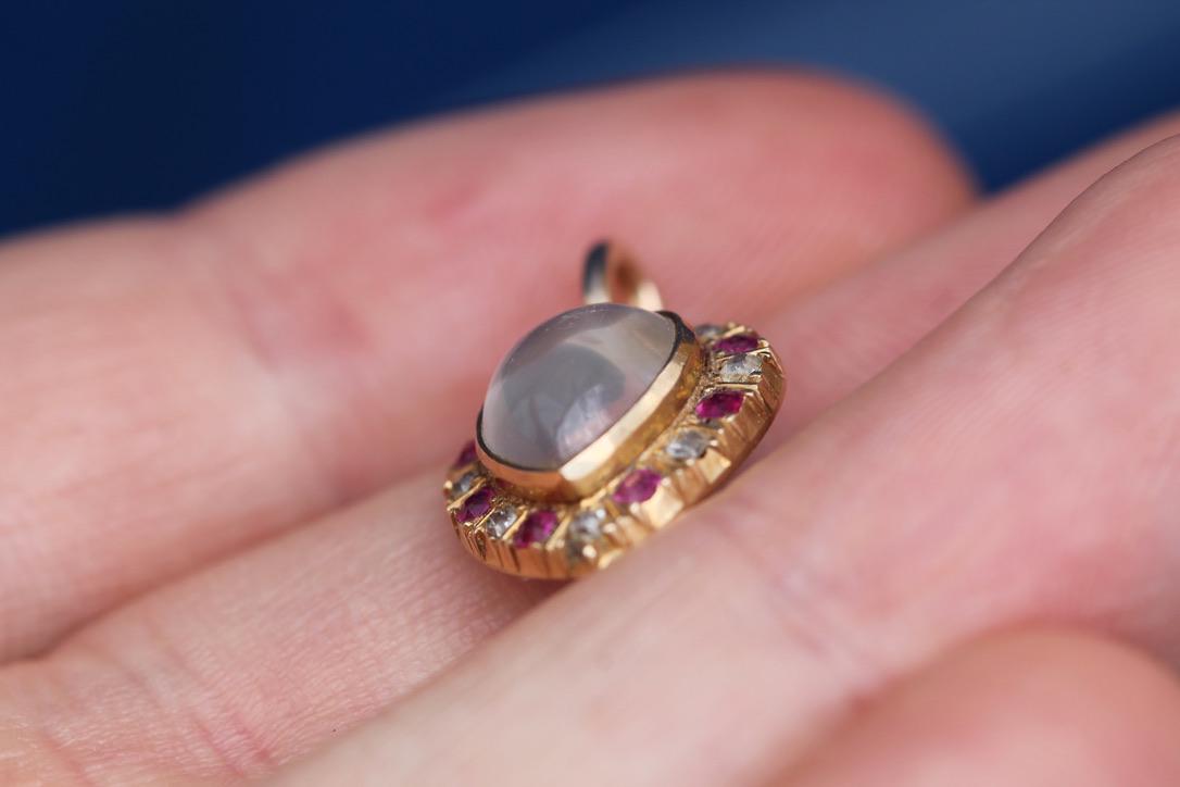 Antique 15ct Gold Moonstone Ruby & Diamond Heart Pendant | Victorian — view 10