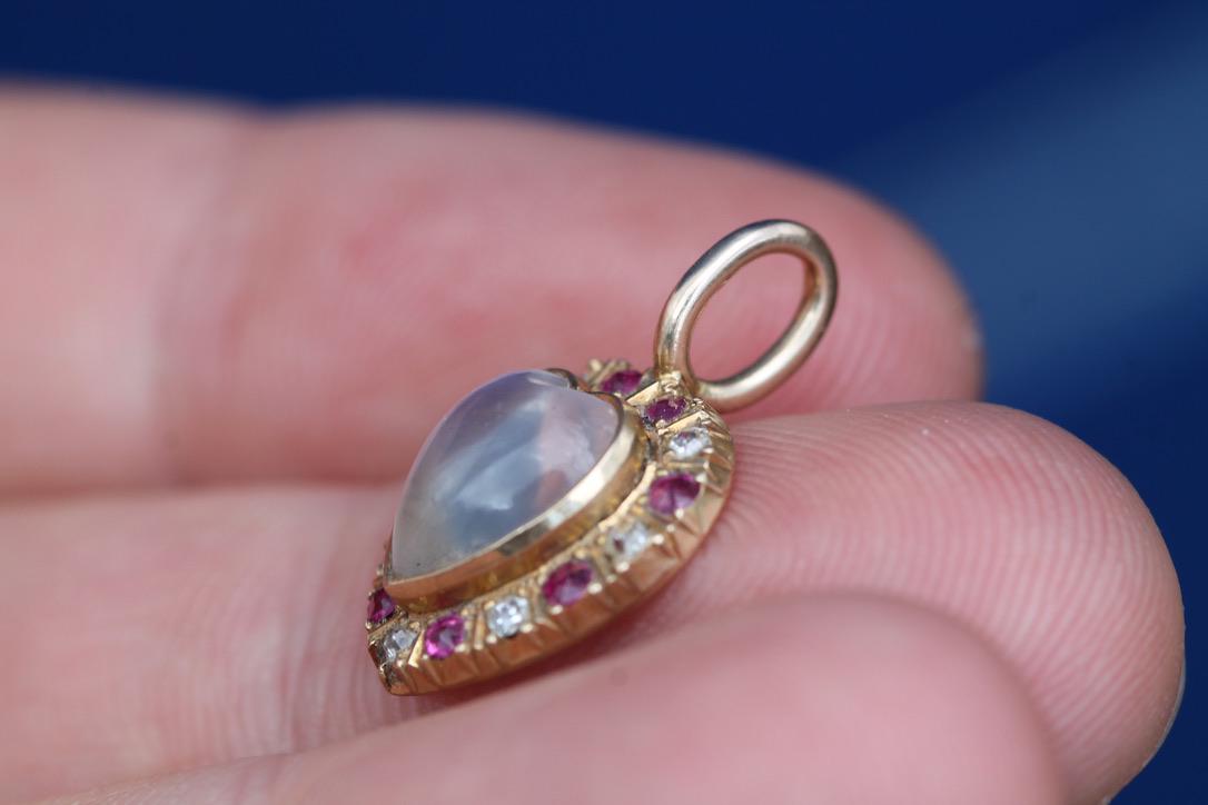 Antique 15ct Gold Moonstone Ruby & Diamond Heart Pendant | Victorian — view 11