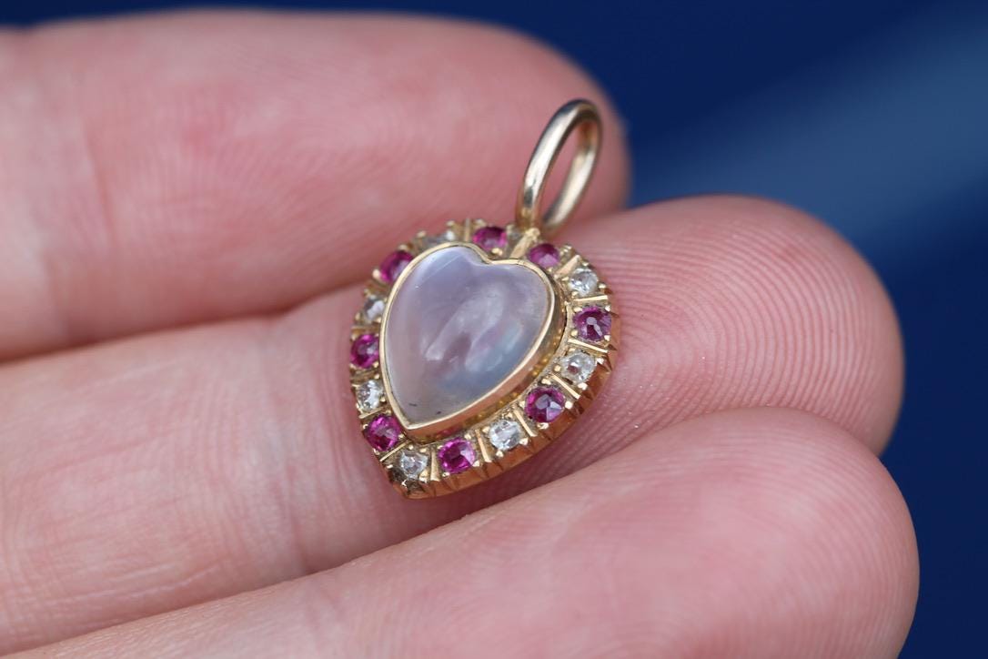 Antique 15ct Gold Moonstone Ruby & Diamond Heart Pendant | Victorian — view 12