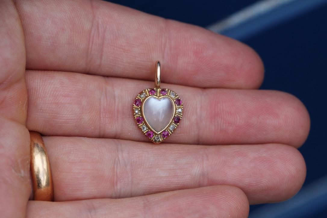 Antique 15ct Gold Moonstone Ruby & Diamond Heart Pendant | Victorian — view 13