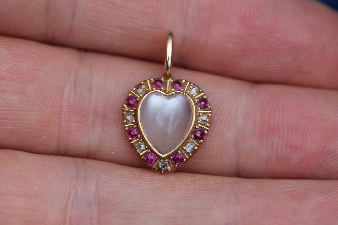 Antique 15ct Gold Moonstone Ruby & Diamond Heart Pendant | Victorian — view 14