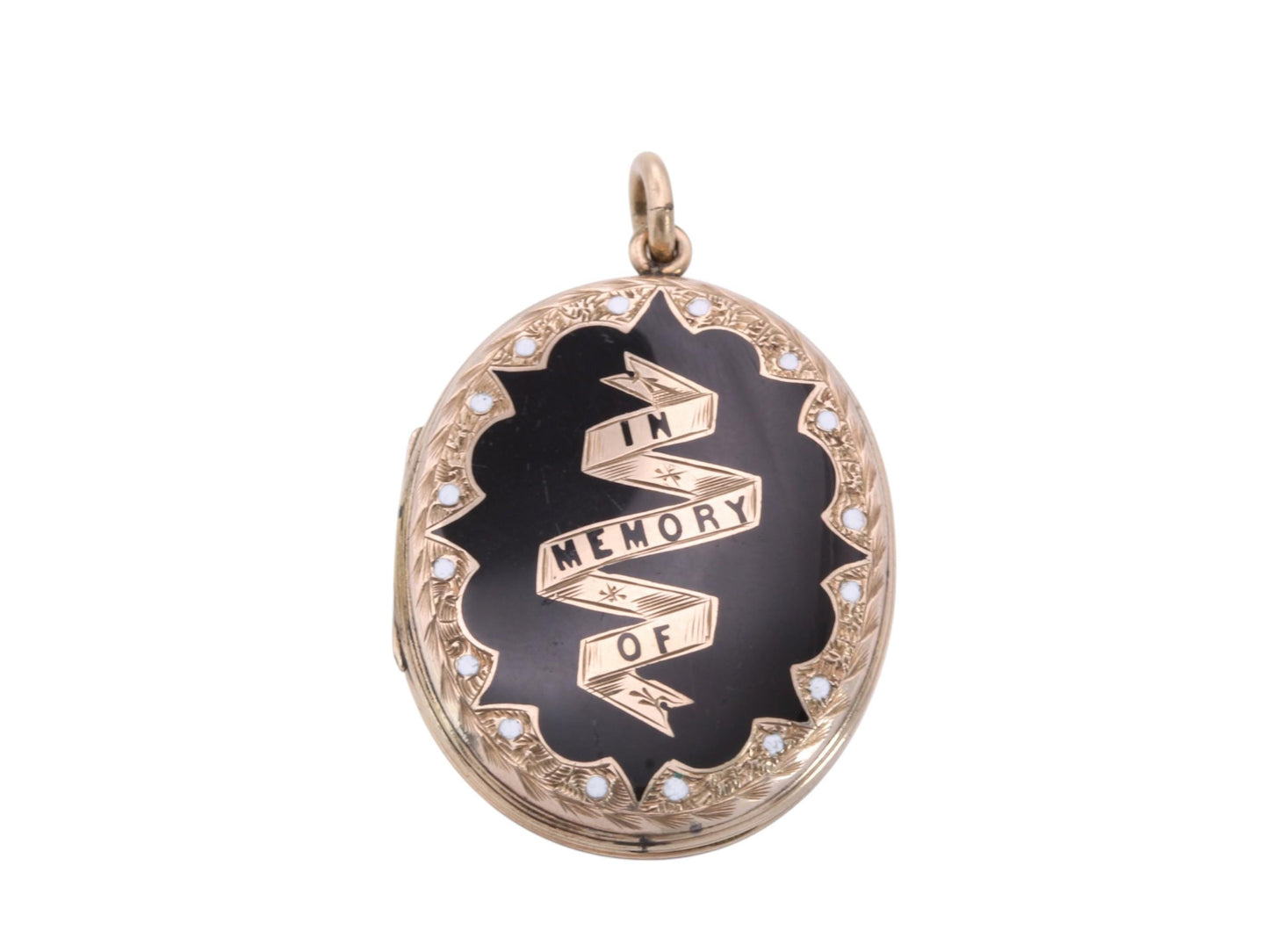 Victorian 9ct gold mourning locket with black panel and In Memory Of ribbon
