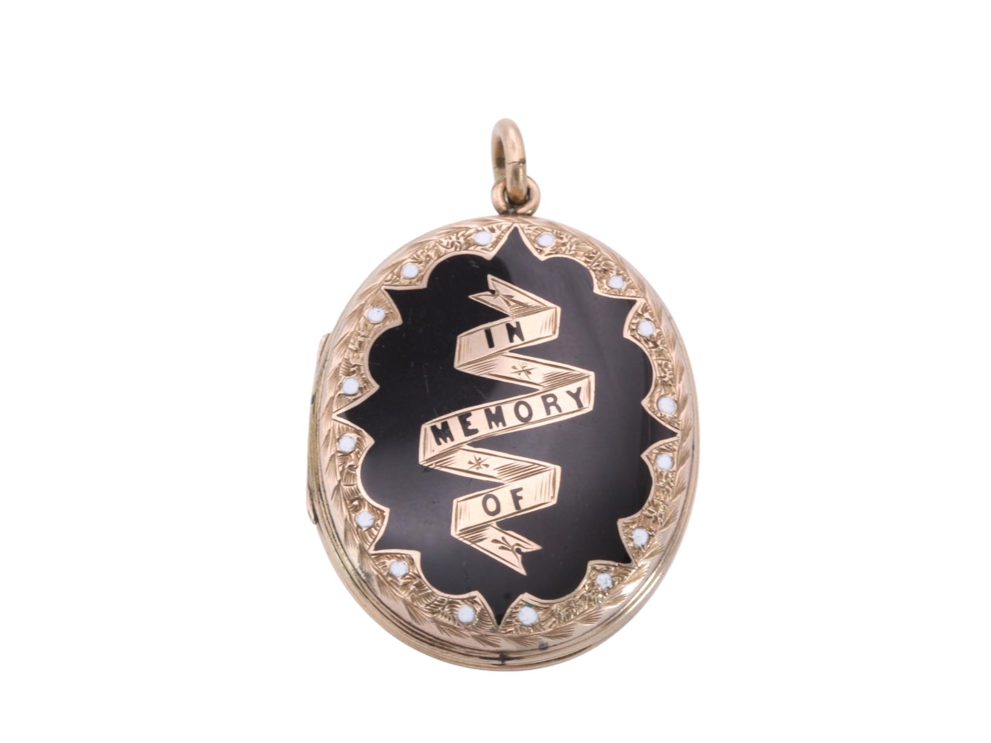 Victorian 9ct gold mourning locket with black panel and In Memory Of ribbon