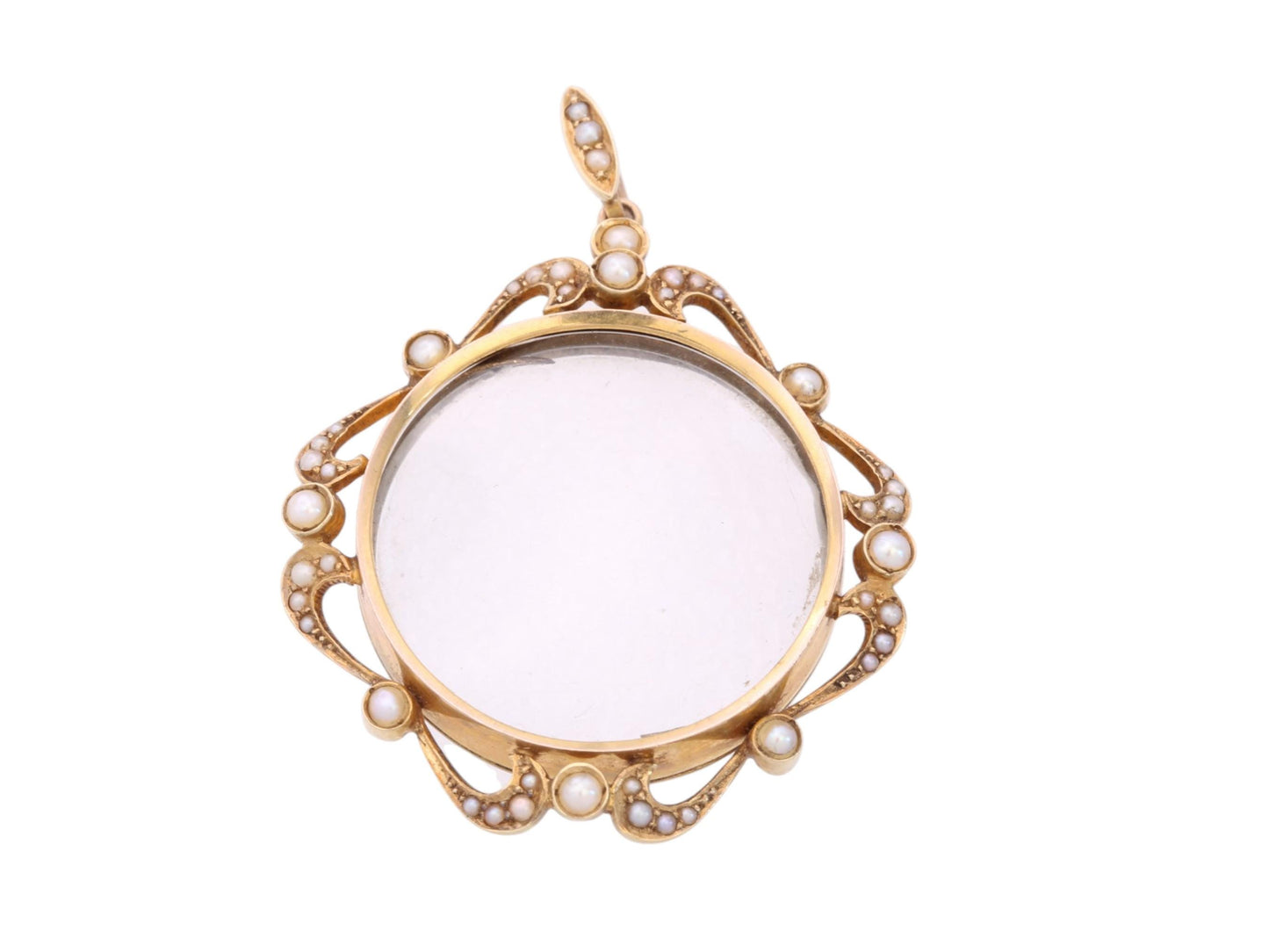 Antique Edwardian 15ct gold pearl locket pendant with glass centre