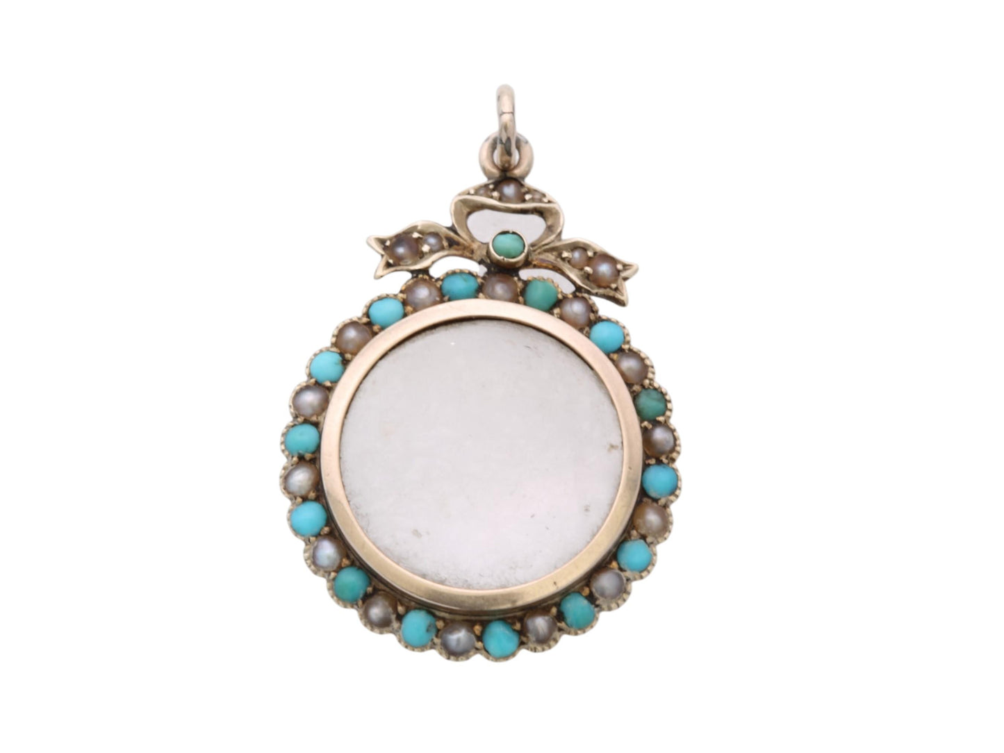 Antique Edwardian 9ct Gold Murrle Bennett Turquoise & Pearl Locket Pendant c.1900 — view 1