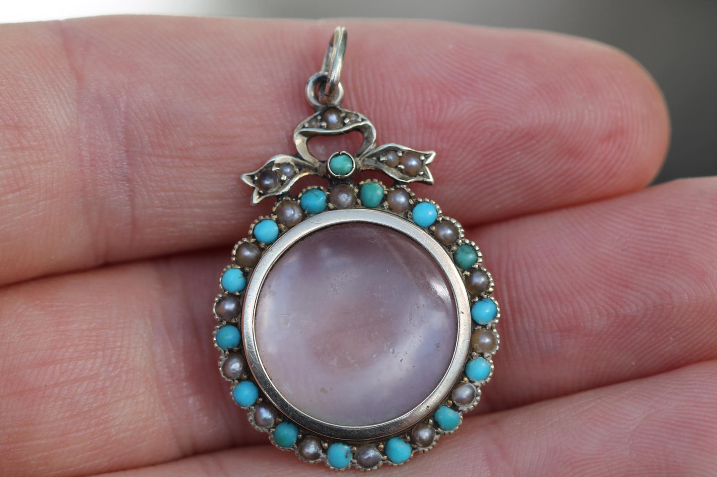 Antique Edwardian 9ct Gold Murrle Bennett Turquoise & Pearl Locket Pendant c.1900 — view 3