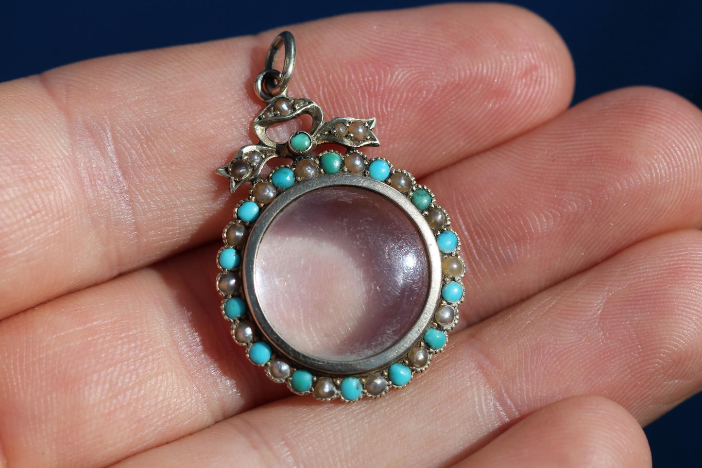 Antique Edwardian 9ct Gold Murrle Bennett Turquoise & Pearl Locket Pendant c.1900 — view 4